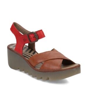 Fly London Bace Shoes Womens Size 9.5/EU 40 Brown Red Leather Wedges Sandals